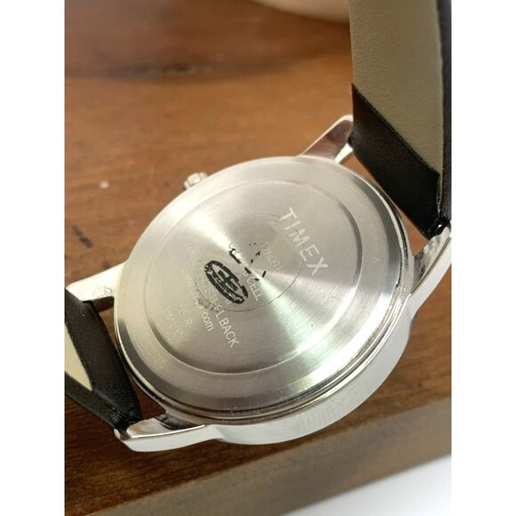 Timex Mens Watch T2N091 Indiglo White Dial Quartz Silver Case Black Leather Band - Picture 6 of 14